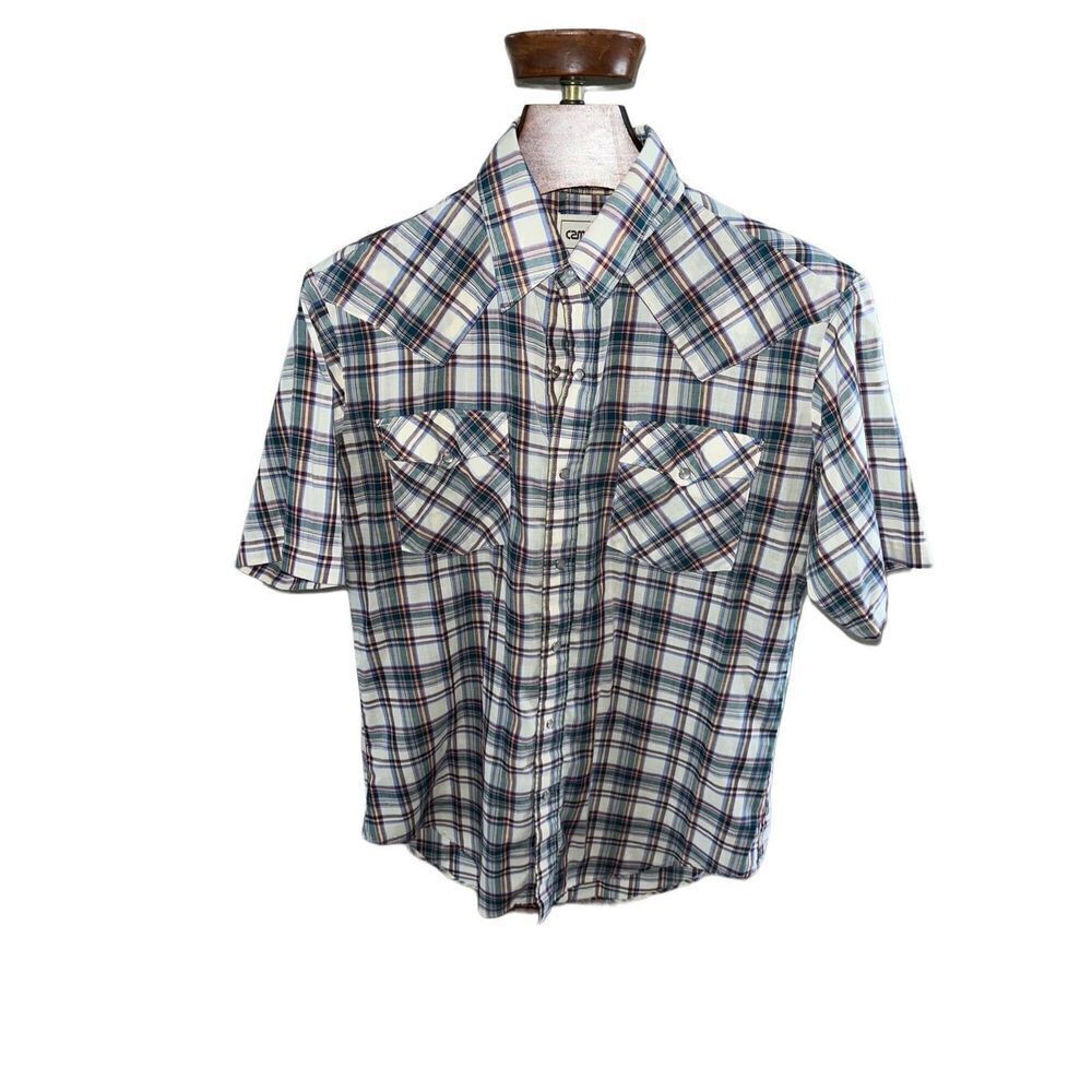 Vintage Campus Plaid Collar Shirt Mens Western Pearl Snap Medium